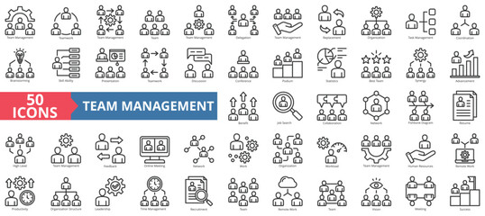 Team management icon collection set. Containing teamwork, delegation, replacement, organization, task, coordination, brainstorming icon. Simple line vector.