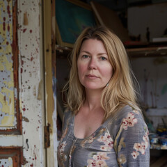 Obraz premium Over 40 woman with blonde shoulder length hair, neutral expression, looking to camera in a rustic arty space or studio, natural look, no makeup, unfiltered