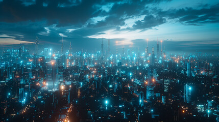 Obraz premium Network connection concept with Night view of a modern cityscape overlaid with vibrant digital network lines, symbolizing connectivity and data flow.