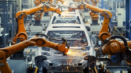 Robotic arms welding a car on an assembly line in an industrial setting. Created with Generative AI.
