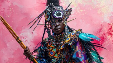 African woman in colorful feathered costume holding a stick in tribal setting