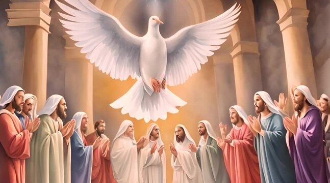 Divine Pentecost Watercolor Illustration An enchanting watercolor illustration capturing the Descent of the Holy Spirit
