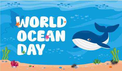 World Ocean Day banner poster with whale, algae, fish, coral, sea urchin and starfish