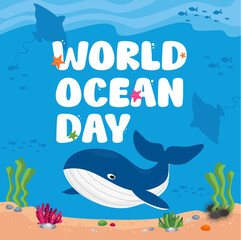 World Ocean Day social media banner poster with whale, algae, fish, coral, sea urchin and starfish stingrays, manta rays