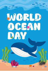 World Ocean Day banner poster with whale, algae, fish, coral, sea urchin and starfish