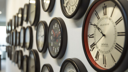Artistic installation of various clocks on a gallery wall, each showing a different time zone,...
