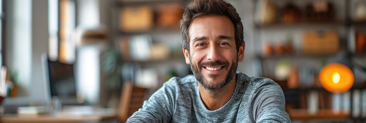 A photo of a man smiling. He has short brown hair and brown eyes. He is wearing a gray sweater. The background is blurred. - obrazy, fototapety, plakaty