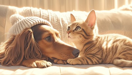 Cute brown long-haired dachshund and cute tabby cat sitting on a white sofa - obrazy, fototapety, plakaty