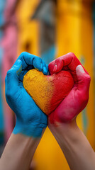 Colorful photo of 2 hands, hands coming together to form a heart. 