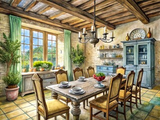 Naklejka premium sketch of a provence dining room, light and airy dining room interior