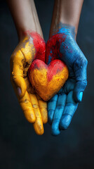 Colorful painting of 2 hands, hands coming together to form a heart. 