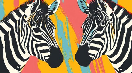 Two colorful zebra heads facing each other with a colorful background.