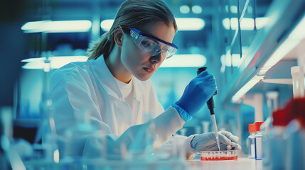 Biotechnology researcher using a pipette to transfer genetic material into a petri dish in a state-of-the-art laboratory, illustrating the precision of genetic engineering.