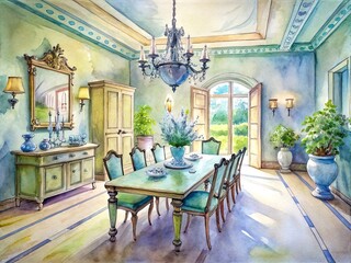 sketch of a provence dining room, light and airy dining room interior