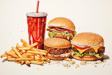 A photo of a fast food meal including a cheeseburger, a hamburger, fries, and a soda.