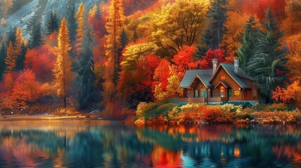 A vibrant autumn panorama of a colorful lake, with the trees ablaze in shades of red, orange, and yellow, and a charming cabin nestled among the foliage.