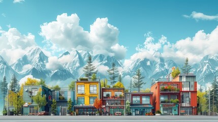 A row of colorful houses with trees and mountains in the background - Powered by Adobe
