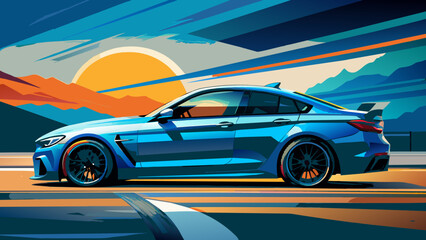 A sports car on the road.The road into the distance. The car rushes along a picturesque road.Let's go! An illustration of a car ready for new discoveries in the vast expanses. bmw m4