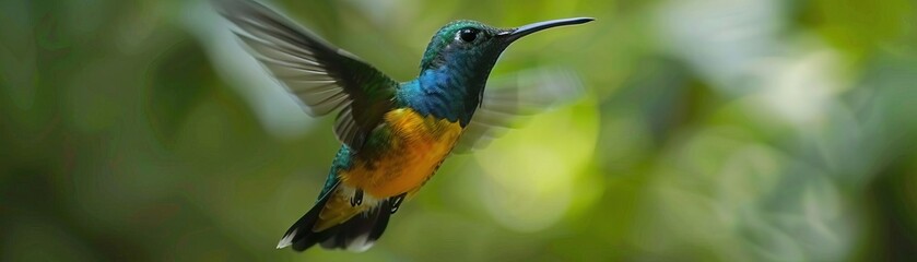 Fototapeta premium A hummingbird is flying in the air.