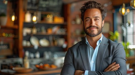 A young professional man with dark hair and a beard is standing in a restaurant, smiling at the camera.