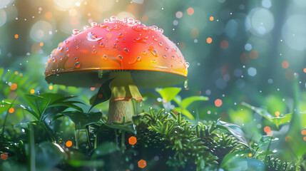 Close-up of a colorful pixie mushroom in a lush, fairy-tale garden, tiny dewdrops adding a sparkle, ideal for a fantasy-themed illustration. - obrazy, fototapety, plakaty