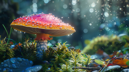 Close-up of a colorful pixie mushroom in a lush, fairy-tale garden, tiny dewdrops adding a sparkle, ideal for a fantasy-themed illustration.