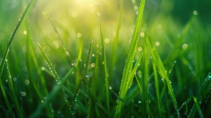 Drops of morning dew glisten on the green grass in the rice fields.