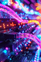 3D render of glowing data cables crisscrossing in a server, vibrant hues, dynamic interconnect, close-up