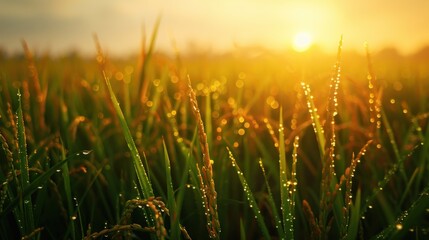 Green grass in the rice fields glistens with morning dew. - obrazy, fototapety, plakaty