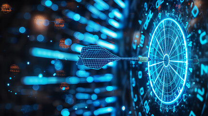 Close-up of a dart striking the bullseye, represented in a holographic wireframe with blue neon light, symbolizing precision and digital analytics.