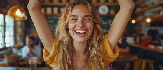 Blonde woman with blue eyes smiling in a restaurant - Powered by Adobe