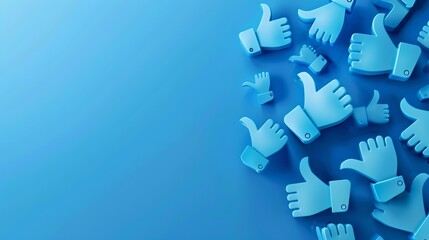 Variety of blue 'like' icons on a blue background. Social media engagement concept. Simple flat design for web. Trendy, modern digital marketing visual. AI