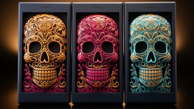 Three Ornate Decorative Skulls Symbolizing Dia de los Muertos in Display Boxes