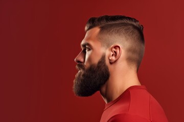 Fototapeta premium Side profile of a young European man with a well-groomed beard, brown monochrome background, grooming conceptConcept: male grooming, style, fashion, beard care, European masculinity