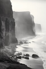 Misty cliffs along a rugged coastline, monochrome landscape with a sense of mystery, vertical...