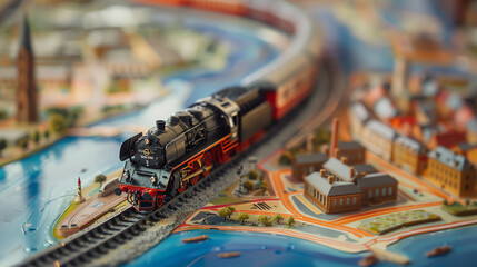 Close-up of a model train navigating through a hand-painted map, showcasing cities and landmarks...