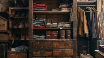 A rustic wooden cabinet filled with vintage clothes, evoking a sense of timeless style and storage - obrazy, fototapety, plakaty