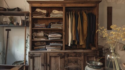 A rustic wooden cabinet filled with vintage clothes, evoking a sense of timeless style and storage