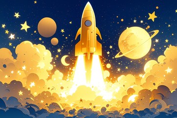 Illustration of a rocket launch, with paper cut clouds and stars in the background. 