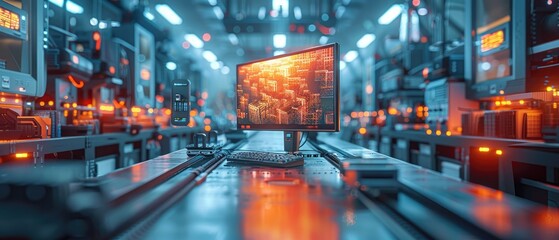 The image shows a futuristic computer with a large display in a server room with many flashing lights.