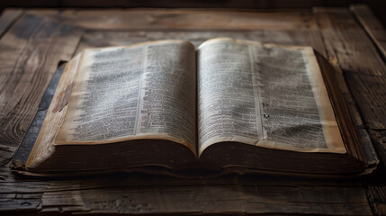 Close-up of an open Bible on an antique wooden desk, with soft morning light highlighting the textured pages and elegant script, creating a peaceful reading environment.