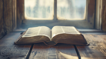 Close-up of an open Bible on an antique wooden desk, with soft morning light highlighting the textured pages and elegant script, creating a peaceful reading environment.