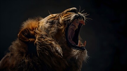 Majestic Lion Roaring Powerfully in Darkness, Captured in High Definition. Fierce Animal Portrait...