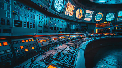 Close-up shot of the control room inside a nuclear power plant, featuring high-tech monitoring equipment and glowing screens.