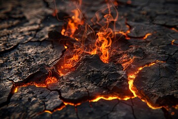 Fiery shapes emerging from cracked soil, 3D render, close-up, dramatic shadow play