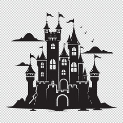 Cartoon fantasy medieval castle icon logo, vector illustration on transparent background