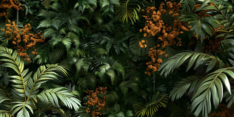 Lush Jungle with Ferns and Golden Flowers Background, Dense Jungle Foliage with Golden Blooms...
