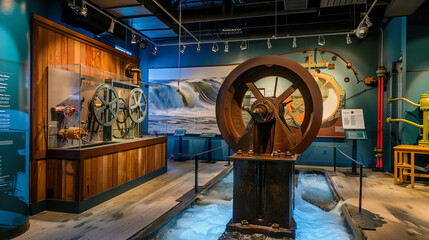 Naklejka premium Educational display at a science center showing a wind-powered water pump in action, illustrating the historical applications of wind energy.