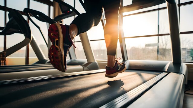 individual running on a treadmill indoors. The close-up perspective emphasizes the individual's sporty shoes, while the sunlit window in the background creates a serene and uplifting atmosphere