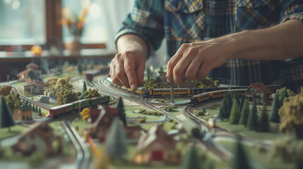 Enthusiast setting up a model train on a large geographical map, highlighting the integration of...